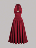 plus size halter maxi dress with deep V neckline, back neck tie bow, open shoulders, ruched waist panel, gold starfish charm, gathered A-line maxi skirt and solid or printed vacation colorways image 15