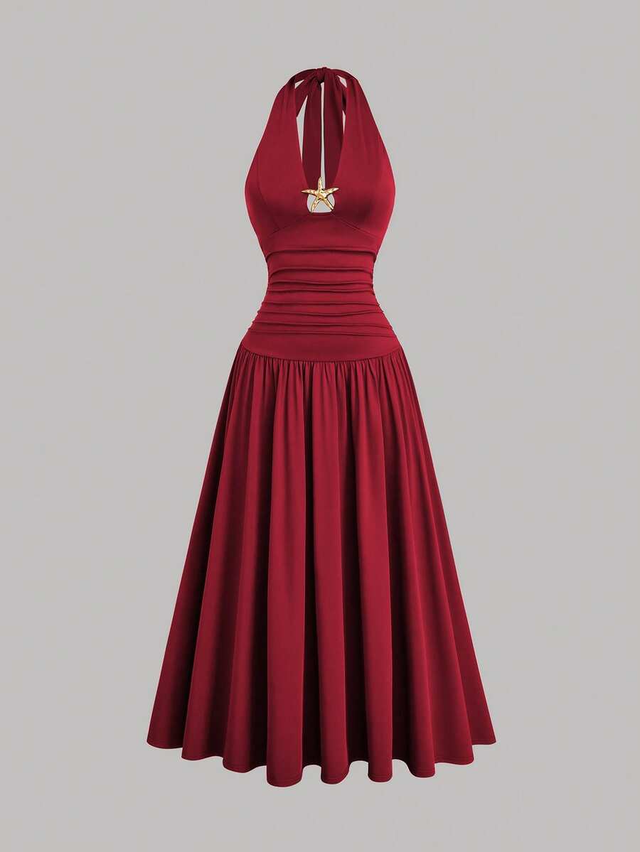 plus size halter maxi dress with deep V neckline, back neck tie bow, open shoulders, ruched waist panel, gold starfish charm, gathered A-line maxi skirt and solid or printed vacation colorways image 15
