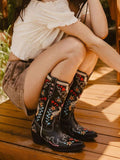 Back view of Vintage Embroidered Women’s Western Boots - Retro Cowgirl Block Heel Mid-Calf Shoes for Stylish Weddings and Riding for punk motorcycle boot styling