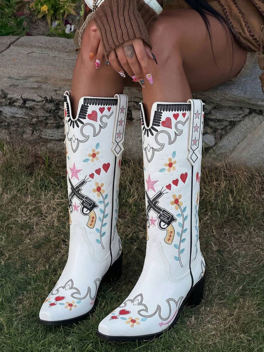Slip-on view of Vintage Embroidered Women’s Western Boots - Retro Cowgirl Block Heel Mid-Calf Shoes for Stylish Weddings and Riding for punk motorcycle boot styling