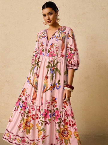 Image 1 - front view of Tropical V-Neck Plus Size Dress for Women with Long Sleeves and Tie Bow - Perfect for Early Autumn Casual Wear