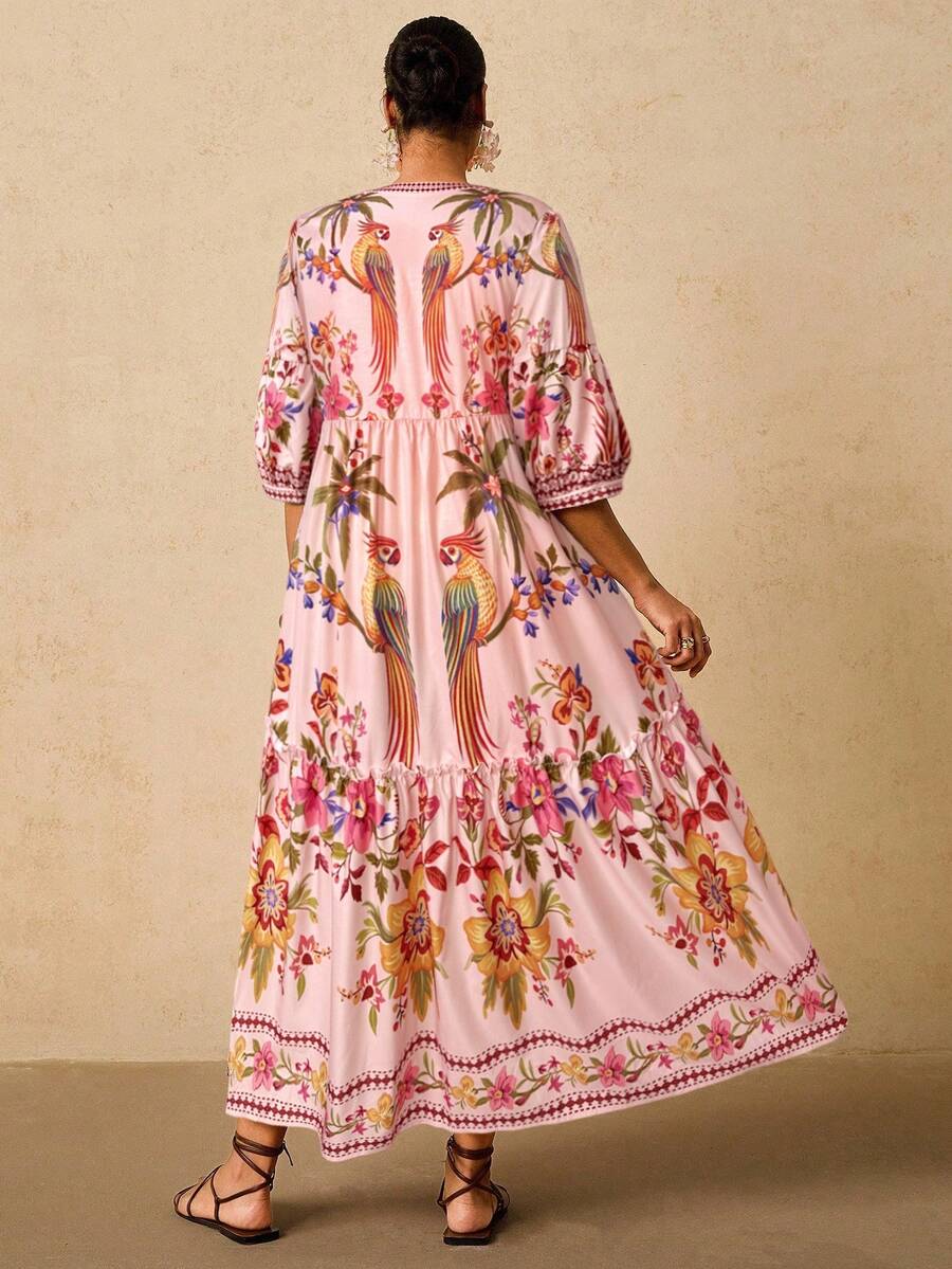 Image 2 - side profile of Tropical V-Neck Plus Size Dress for Women with Long Sleeves and Tie Bow - Perfect for Early Autumn Casual Wear