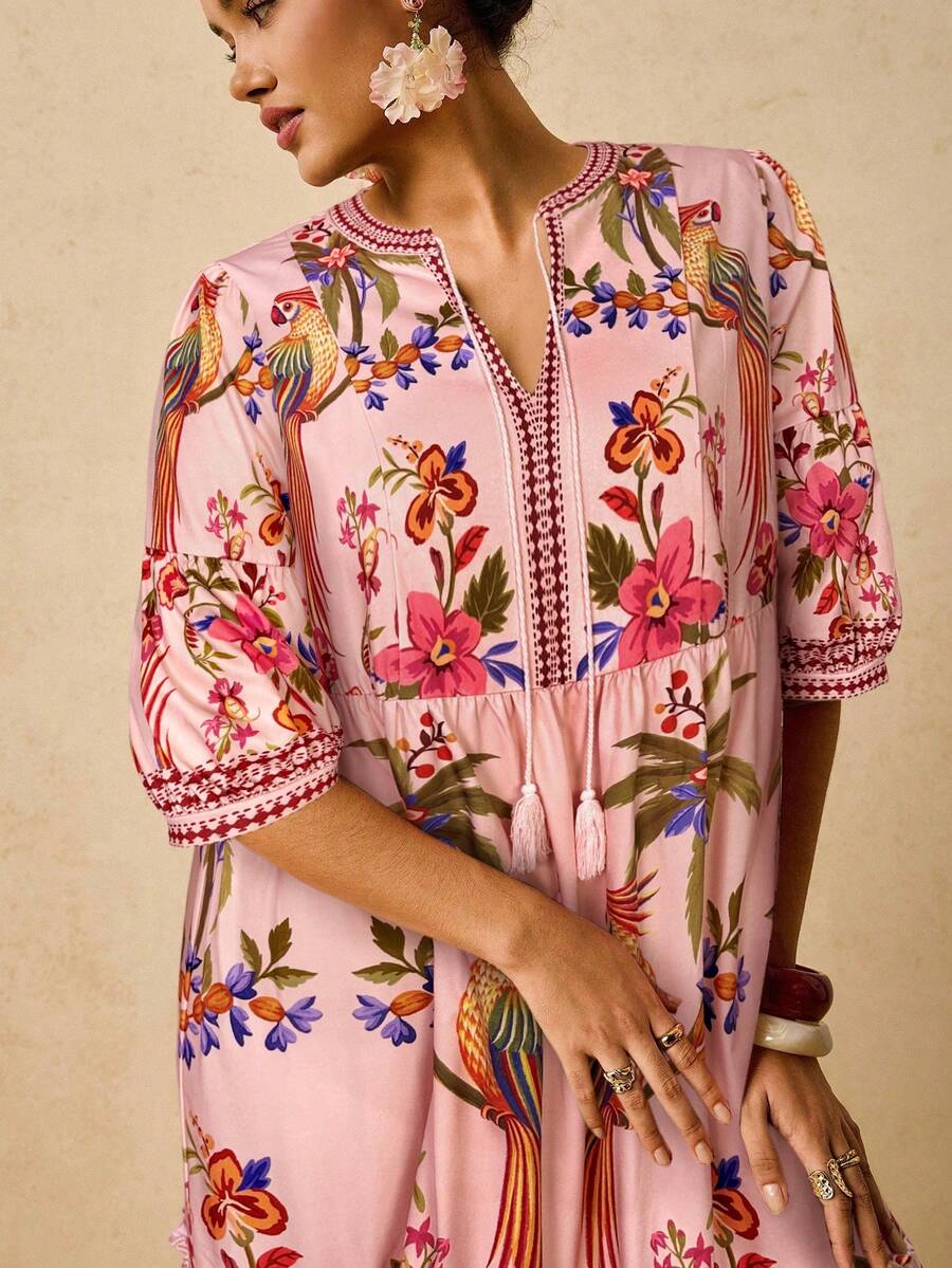 Image 3 - back view of Tropical V-Neck Plus Size Dress for Women with Long Sleeves and Tie Bow - Perfect for Early Autumn Casual Wear