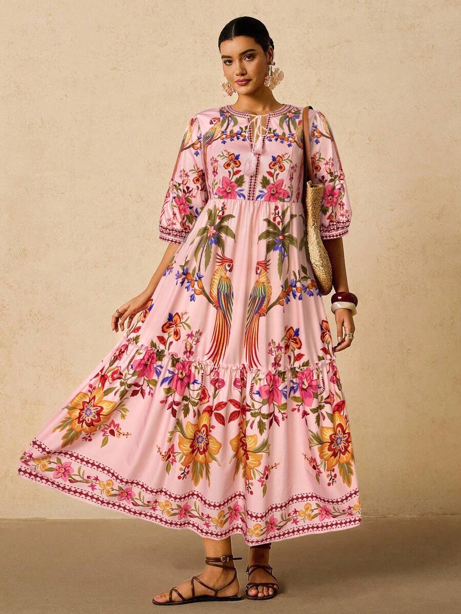 Image 4 - fabric detail of Tropical V-Neck Plus Size Dress for Women with Long Sleeves and Tie Bow - Perfect for Early Autumn Casual Wear