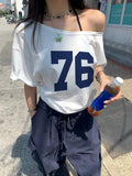Image 4 - detail view of Trendy Women’s Summer Asymmetric Neck Numeric Print Short Sleeve T-Shirt for Casual Chic Style