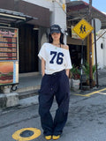 Image 3 - back view of Trendy Women’s Summer Asymmetric Neck Numeric Print Short Sleeve T-Shirt for Casual Chic Style