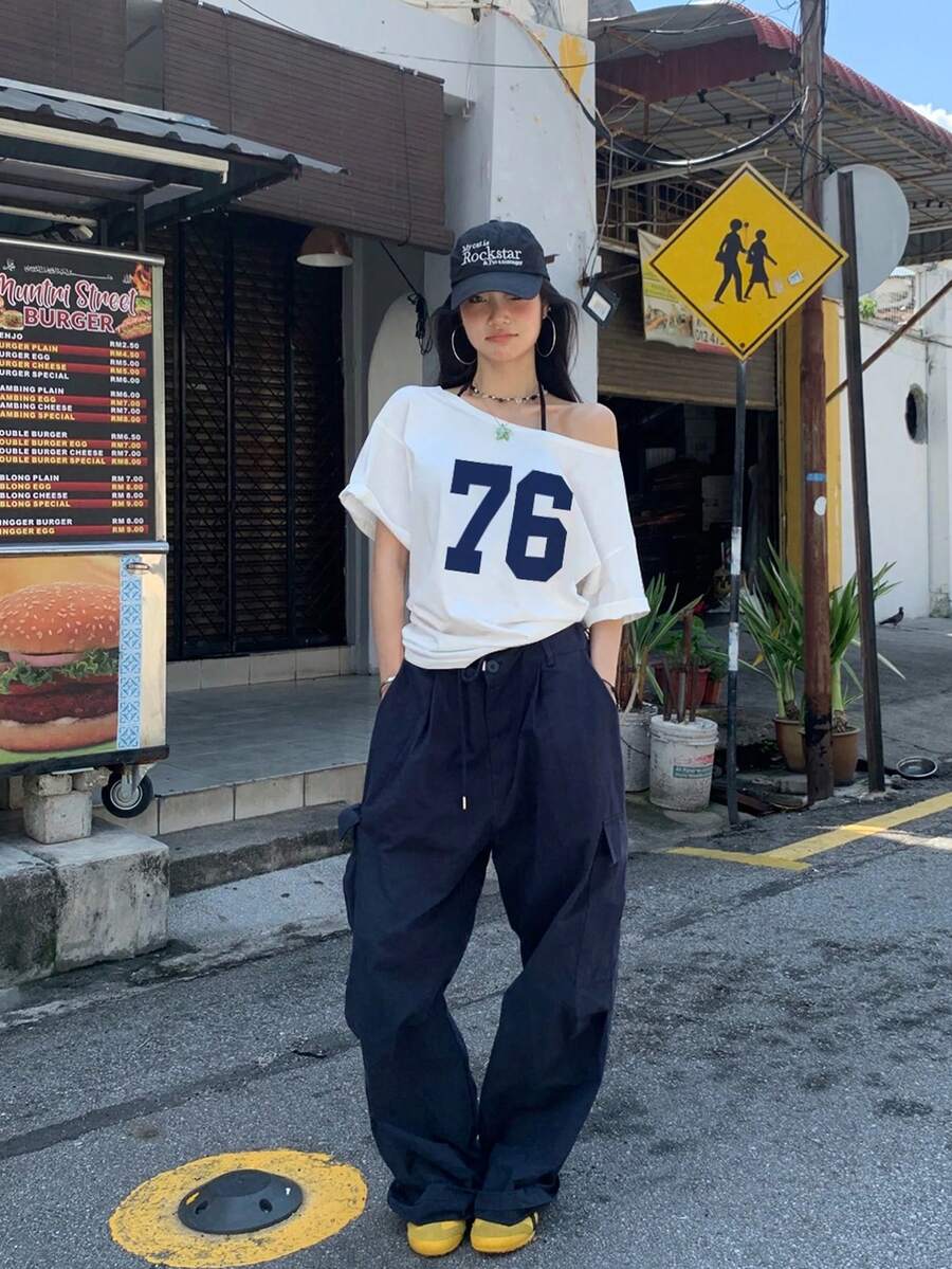 Image 3 - back view of Trendy Women’s Summer Asymmetric Neck Numeric Print Short Sleeve T-Shirt for Casual Chic Style