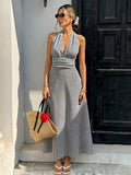 Black and white striped halter maxi dress