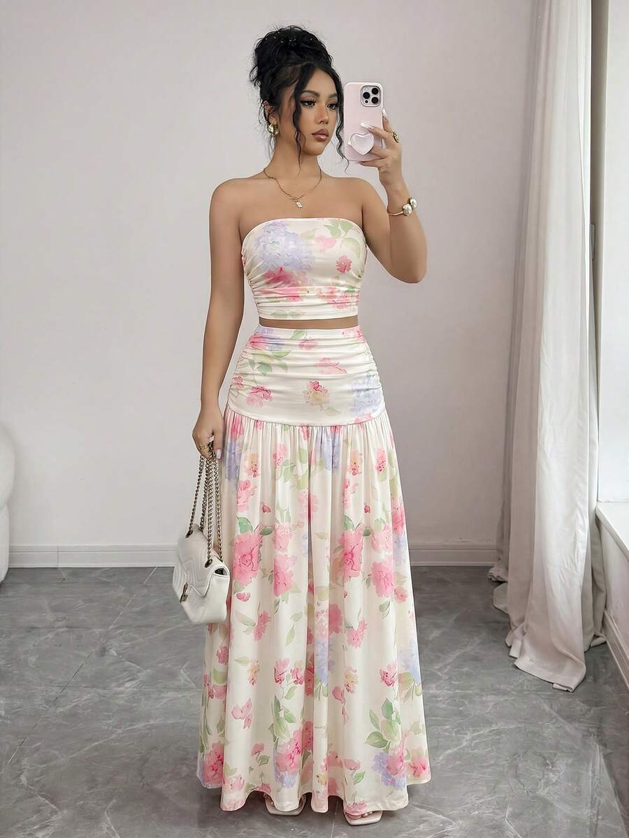 Styled view of floral strapless crop top and maxi skirt set showing visible color, print, and silhouette