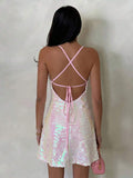 open back sequin cami mini dress with scoop neckline, spaghetti straps, crisscross tie back, fitted bodice, slight A-line mini skirt, iridescent sequin variants and orange floral print variant image 3