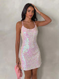 open back sequin cami mini dress with scoop neckline, spaghetti straps, crisscross tie back, fitted bodice, slight A-line mini skirt, iridescent sequin variants and orange floral print variant image 2