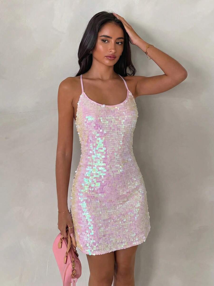 open back sequin cami mini dress with scoop neckline, spaghetti straps, crisscross tie back, fitted bodice, slight A-line mini skirt, iridescent sequin variants and orange floral print variant image 2