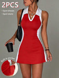 polo tennis golf mini dress with liner shorts, pocket, white collar, contrast side panels and racerback active fit image 10