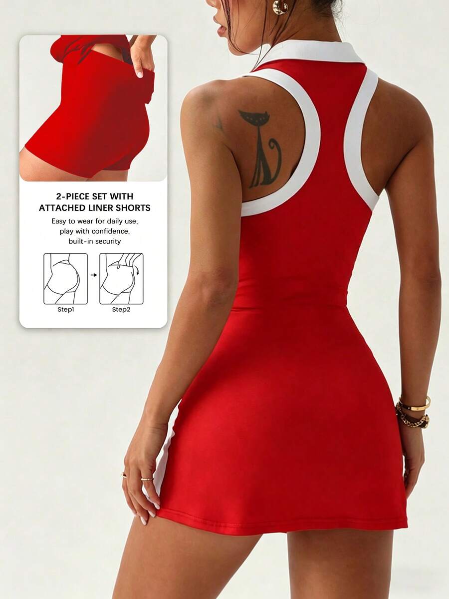 polo tennis golf mini dress with liner shorts, pocket, white collar, contrast side panels and racerback active fit image 12