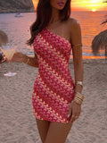 4 media show pink red orange cream one-shoulder bodycon mini dress with geometric chain-like print, asymmetric neckline, single wide strap, one sleeveless side, fitted short pencil silhouette. image 2
