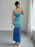 Front view of aqua teal blue crochet maxi dress with chevron openwork pattern