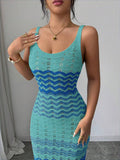 Front view of turquoise cobalt chevron crochet bodycon dress