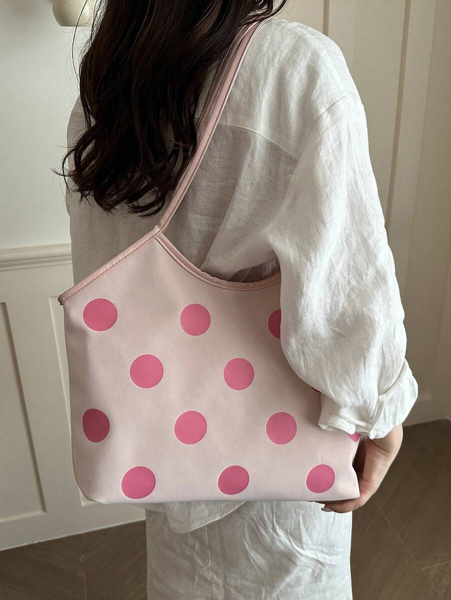Front view of Trendy Floral One-Shoulder Canvas Handbag for Female Students - Minimalist Cloud Bubble Design in Pink color