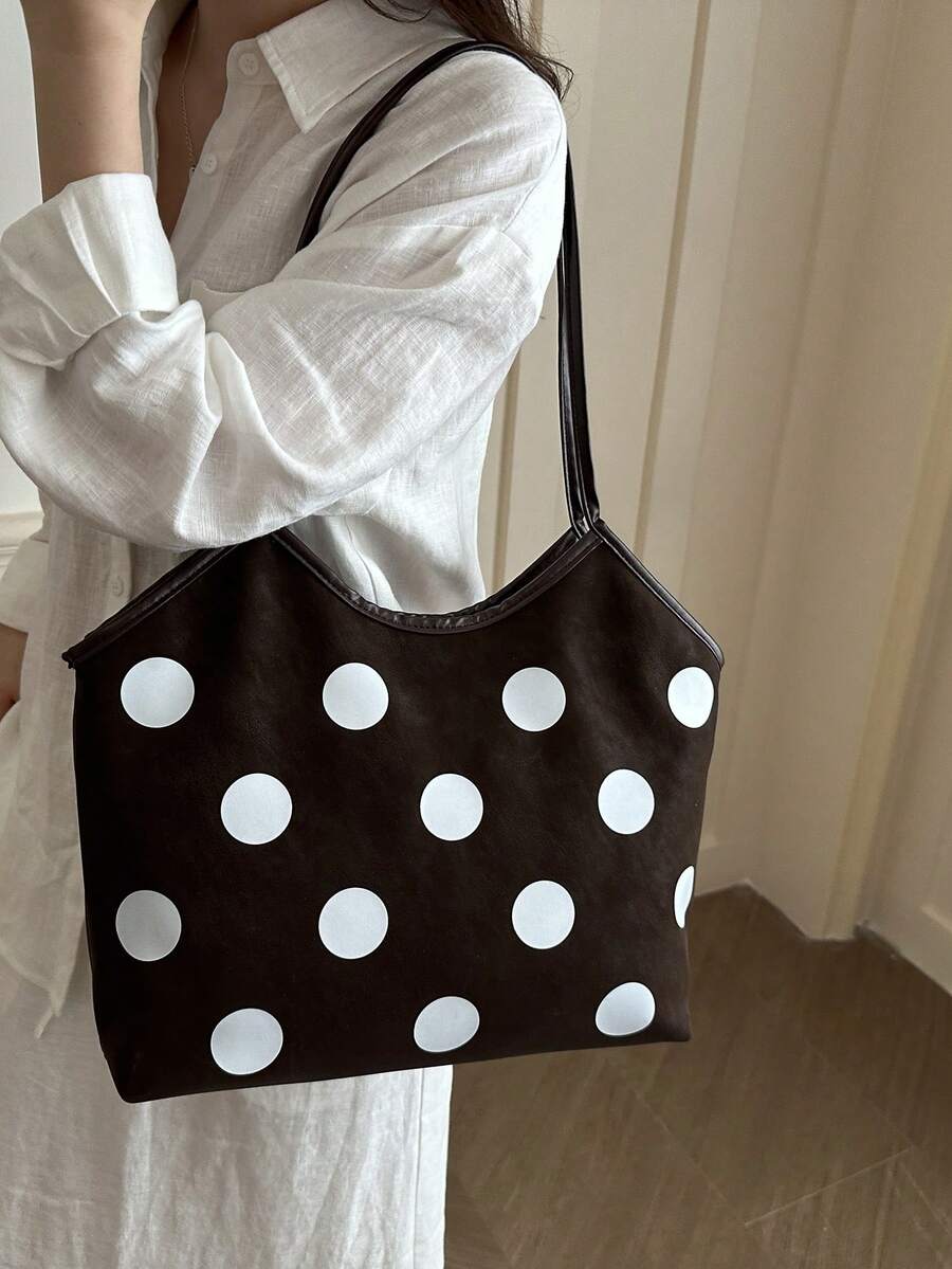 Side profile of Trendy Floral One-Shoulder Canvas Handbag for Female Students - Minimalist Cloud Bubble Design in Coffee Brown color