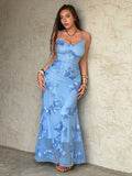 Front standing view of blue 3D floral spaghetti strap mermaid maxi dress