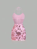 Close-up of halter neckline and sequined finish on mini dress