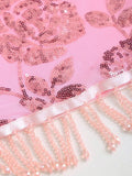 Side angle of slim fit pink mini dress with wrap detail