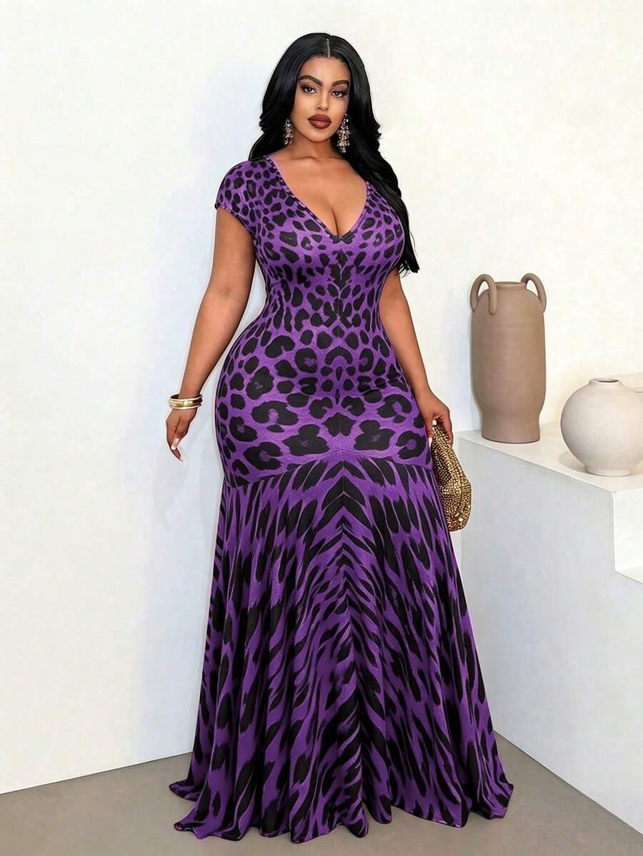 Image 2 - side profile of Elegant V-Neck Leopard Print Fishtail Dress for Parties, Gatherings, and Daily Wear