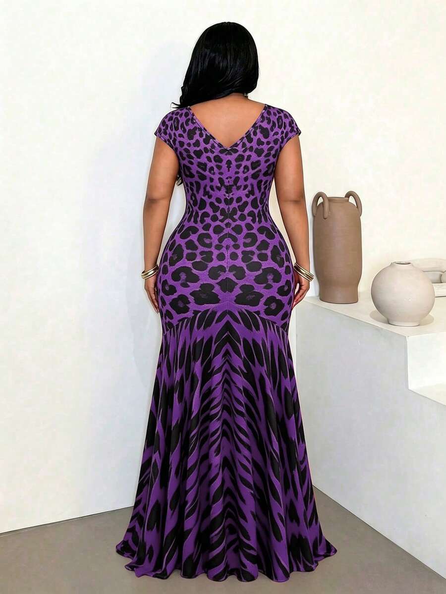 Image 3 - back view of Elegant V-Neck Leopard Print Fishtail Dress for Parties, Gatherings, and Daily Wear