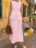 Close Front View of soft blush pink sleeveless vest and maxi skirt set for office and daily wear