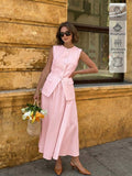 Front View of soft blush pink sleeveless vest and maxi skirt set for office and daily wear