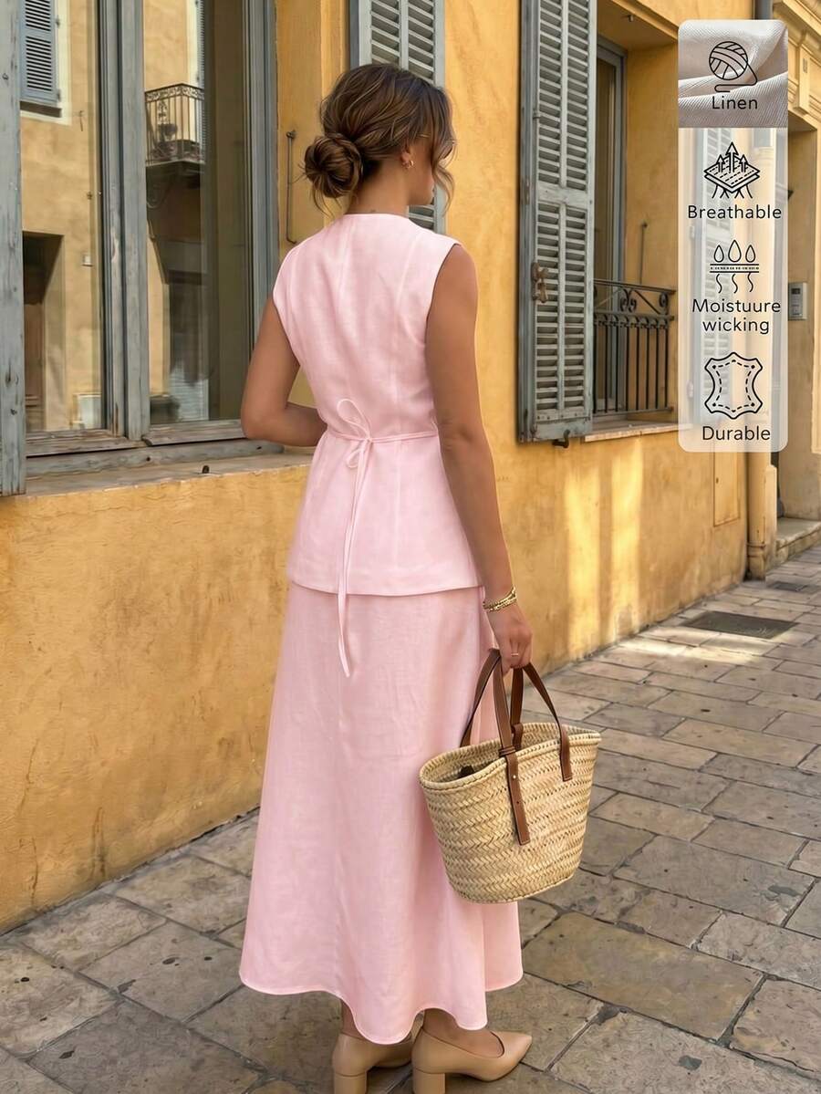 Back View of soft blush pink sleeveless vest and maxi skirt set for office and daily wear
