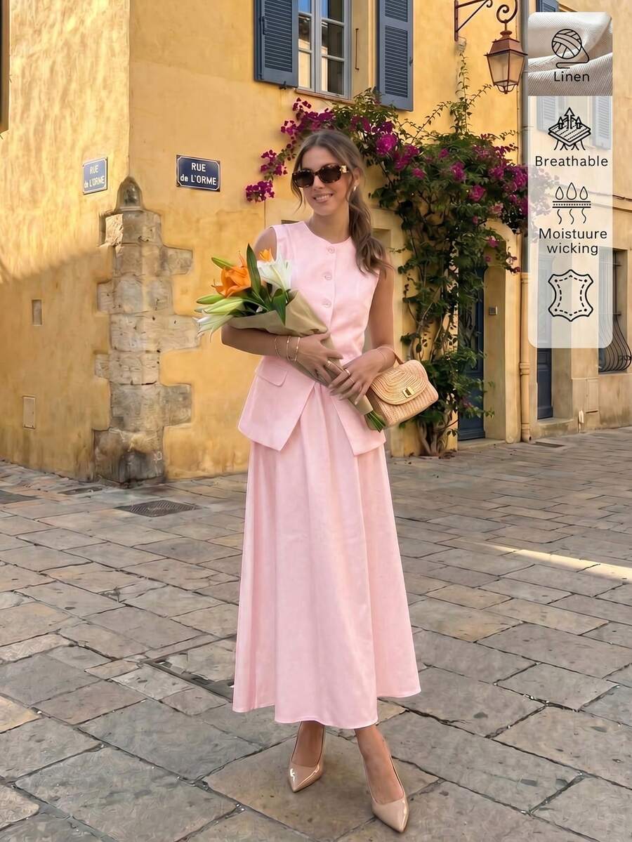 Full-Length Front View of soft blush pink sleeveless vest and maxi skirt set for office and daily wear