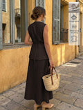 Back View of deep brown sleeveless vest and maxi skirt set for office and daily wear