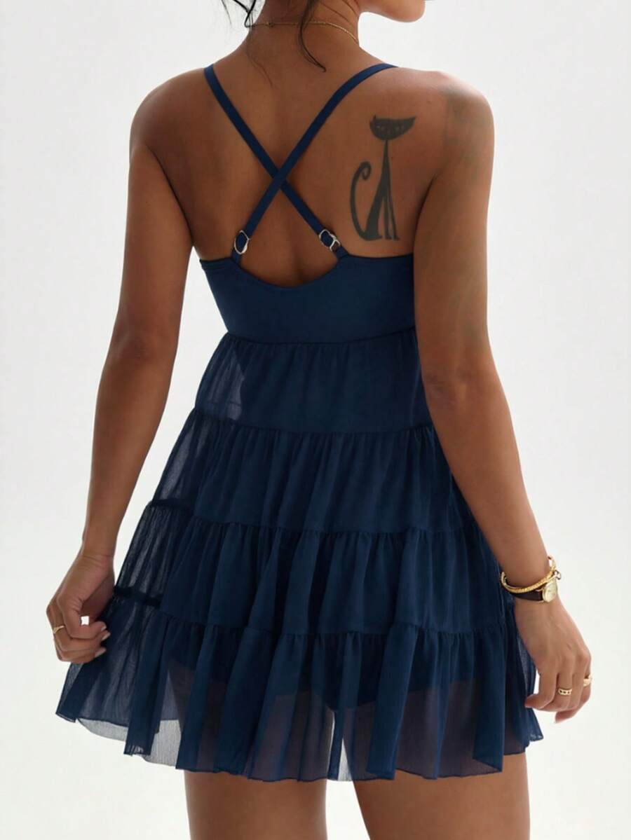 adjustable spaghetti strap mesh ruffle mini sports dress with built in pocket shorts image 21