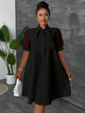 Image 5 - neckline detail of Stylish Plus Size Loose Mesh Patchwork Bow Design Vacation Dress for Women - Spring/Summer Orange