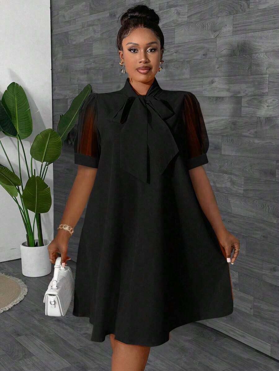 Image 5 - neckline detail of Stylish Plus Size Loose Mesh Patchwork Bow Design Vacation Dress for Women - Spring/Summer Orange