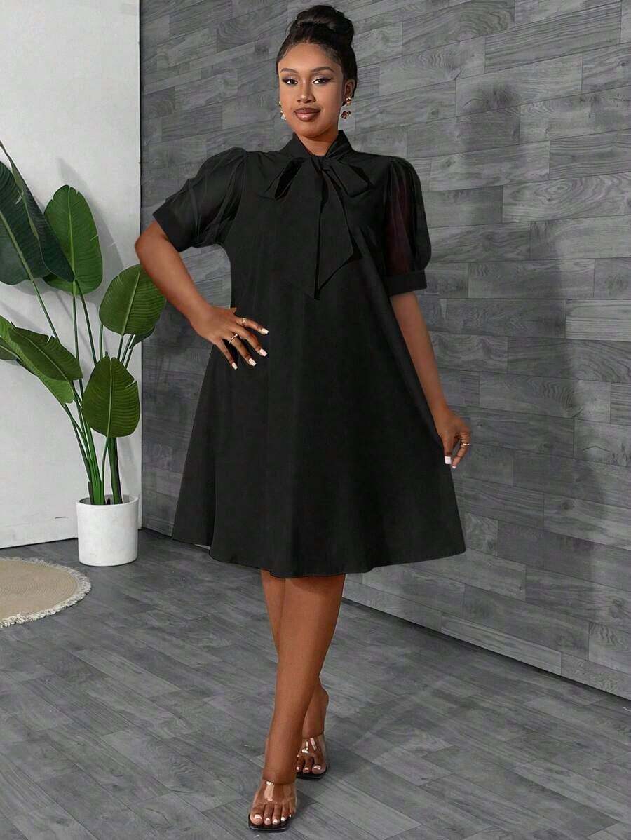 Image 6 - full length view of Stylish Plus Size Loose Mesh Patchwork Bow Design Vacation Dress for Women - Spring/Summer Orange