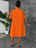 Image 3 - back view of Stylish Plus Size Loose Mesh Patchwork Bow Design Vacation Dress for Women - Spring/Summer Orange