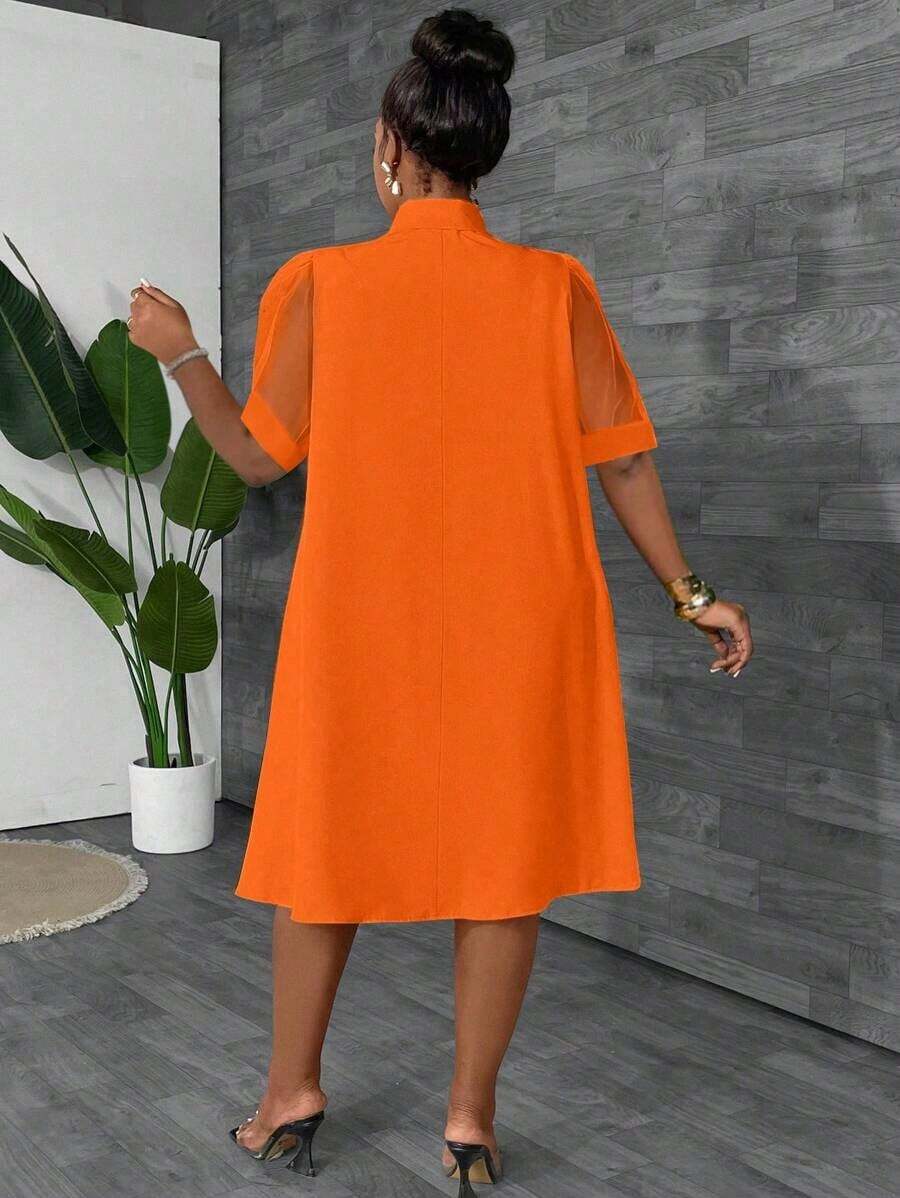 Image 3 - back view of Stylish Plus Size Loose Mesh Patchwork Bow Design Vacation Dress for Women - Spring/Summer Orange