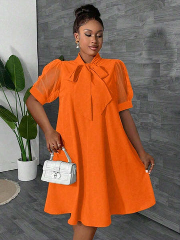 Image 1 - front view of Stylish Plus Size Loose Mesh Patchwork Bow Design Vacation Dress for Women - Spring/Summer Orange