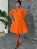 Image 4 - fabric detail of Stylish Plus Size Loose Mesh Patchwork Bow Design Vacation Dress for Women - Spring/Summer Orange