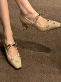 Image 5 - fabric detail of Champagne Gold Tweed Heeled Pumps with Bow & Crystal Accent - Elegant Mary Jane Block Heel Shoes for Parties & Weddings