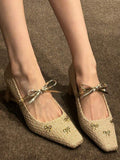 Image 6 - styled outfit of Champagne Gold Tweed Heeled Pumps with Bow & Crystal Accent - Elegant Mary Jane Block Heel Shoes for Parties & Weddings