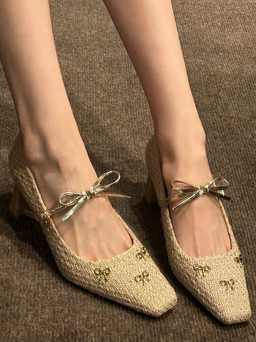 Image 6 - styled outfit of Champagne Gold Tweed Heeled Pumps with Bow & Crystal Accent - Elegant Mary Jane Block Heel Shoes for Parties & Weddings