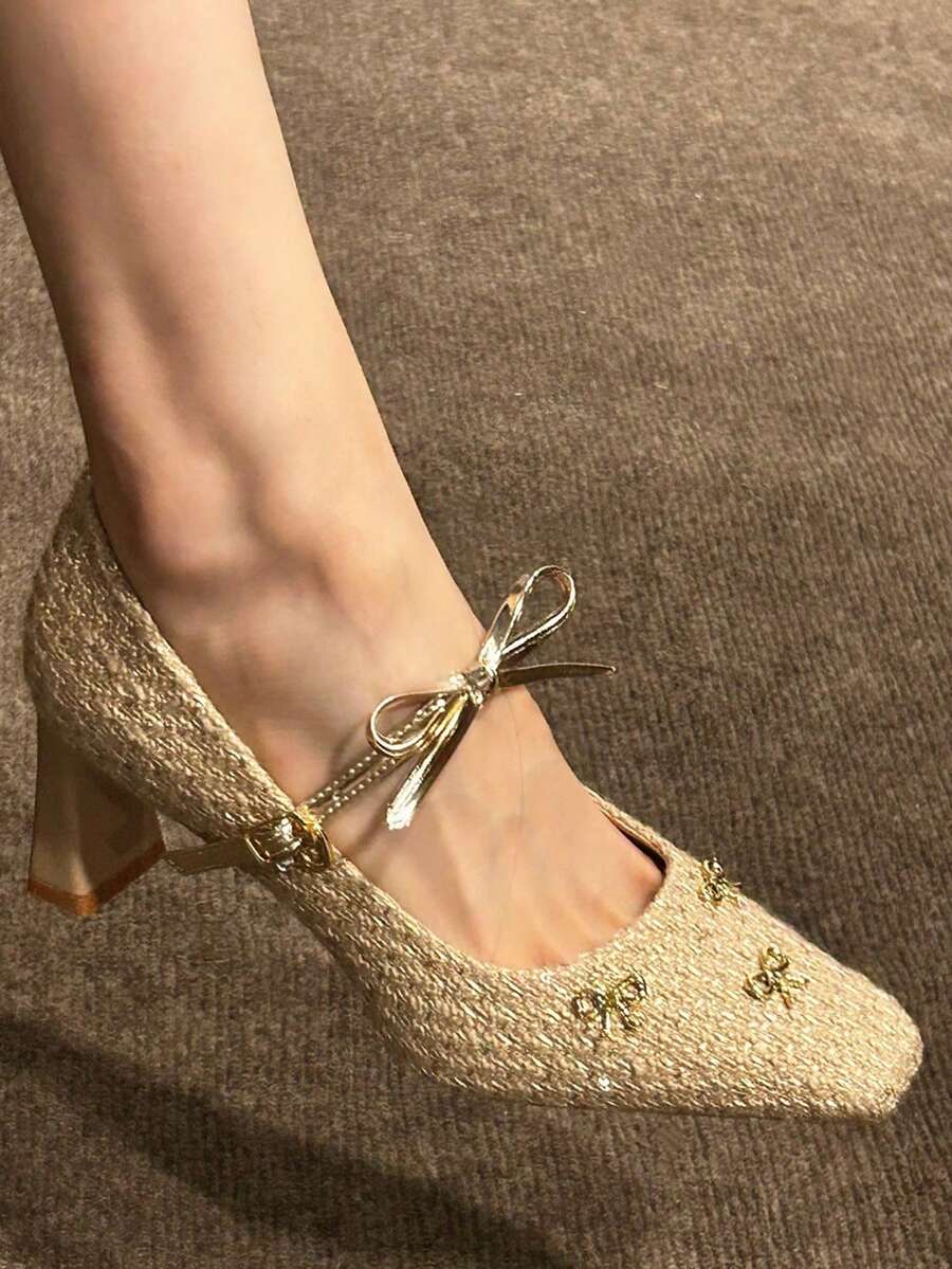 Image 7 - color detail of Champagne Gold Tweed Heeled Pumps with Bow & Crystal Accent - Elegant Mary Jane Block Heel Shoes for Parties & Weddings