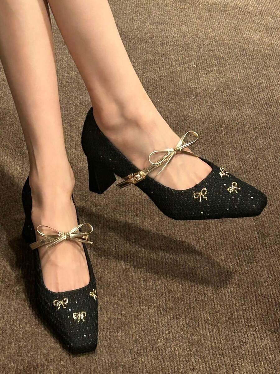 Image 2 - side profile of Champagne Gold Tweed Heeled Pumps with Bow & Crystal Accent - Elegant Mary Jane Block Heel Shoes for Parties & Weddings