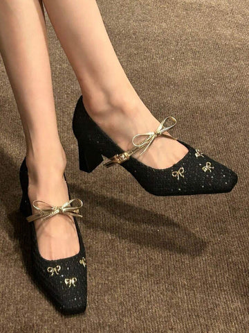 Image 2 - side profile of Champagne Gold Tweed Heeled Pumps with Bow & Crystal Accent - Elegant Mary Jane Block Heel Shoes for Parties & Weddings