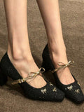 Image 3 - back view of Champagne Gold Tweed Heeled Pumps with Bow & Crystal Accent - Elegant Mary Jane Block Heel Shoes for Parties & Weddings