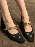 Image 4 - detail view of Champagne Gold Tweed Heeled Pumps with Bow & Crystal Accent - Elegant Mary Jane Block Heel Shoes for Parties & Weddings