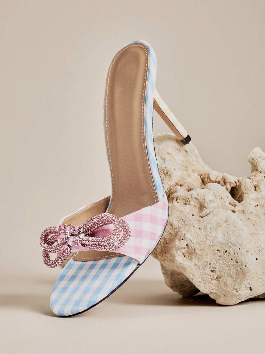 Pink and blue gingham mule heels with rhinestone bow and slim high heel